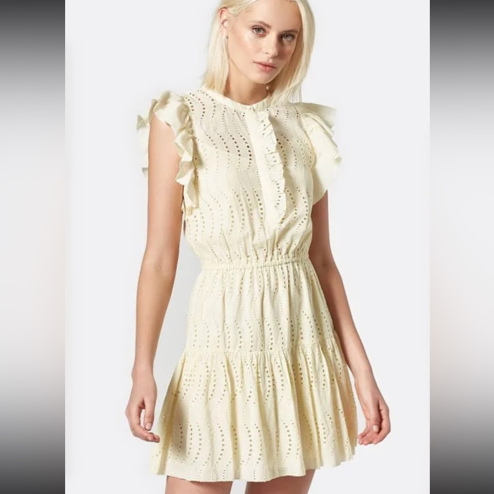 Joie Krystina Cream Pale Yellow Eyelet Ruffled Tiered Sundress with Bib Collar